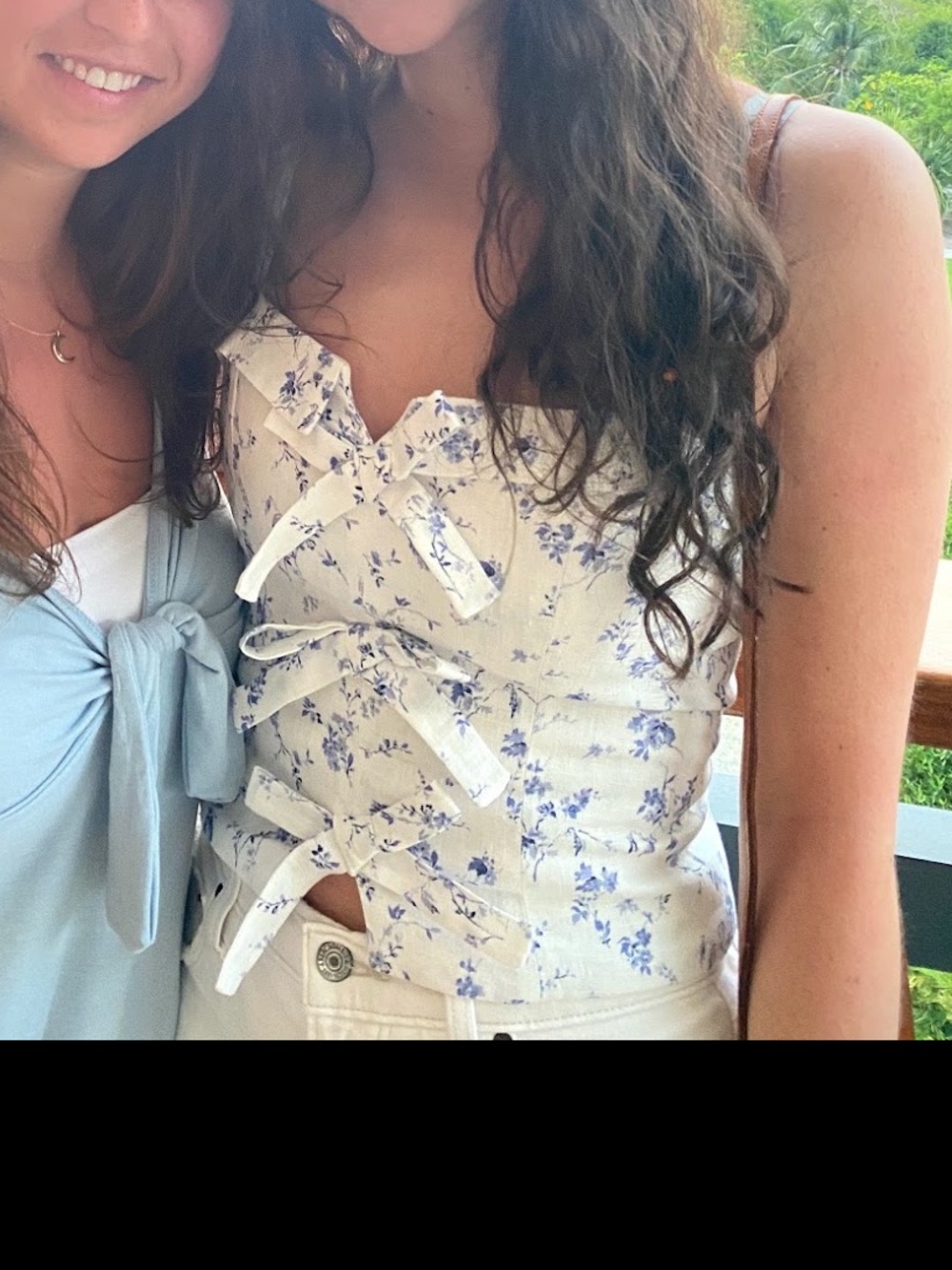 Reformation White Floral Tie-Front Tank with Blue Print